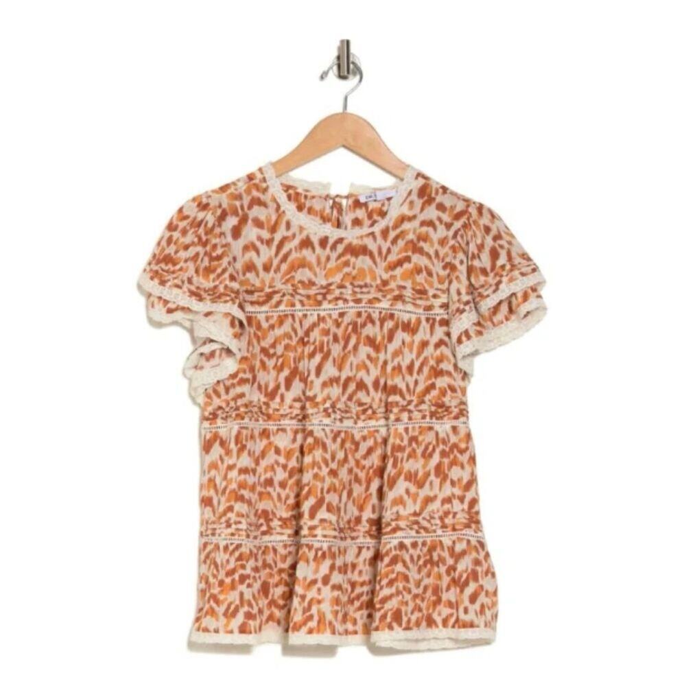 DR2 BY DANIEL RAINN Lace Trim Ruffle Top In Ivory Orange Print Size XS‎ NWT